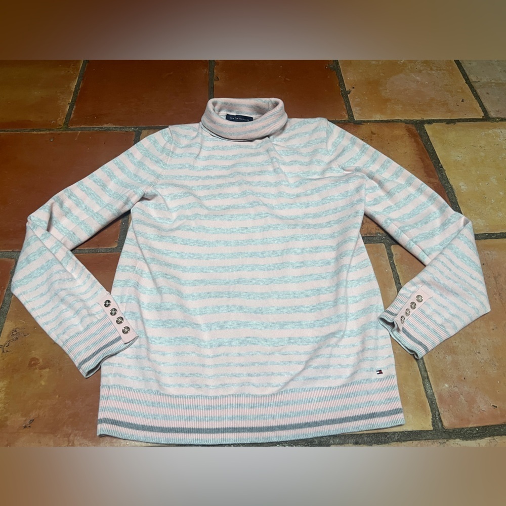 Tommy Hilfiger Pink and White Striped Turtleneck Sweater